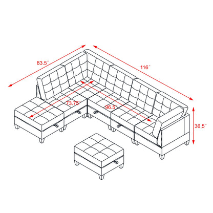 L shape Modular Sectional Sofa,DIY Combination,includes Three Single Chair,Two Corner and Two Ottoman,Black Velvet.