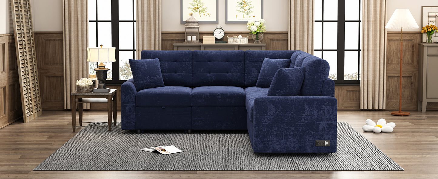 82.6" L-shape Sofa Bed Pull-out Sleeper Sofa with Wheels, USB Ports, Power Sockets for Living Room, Navy Blue