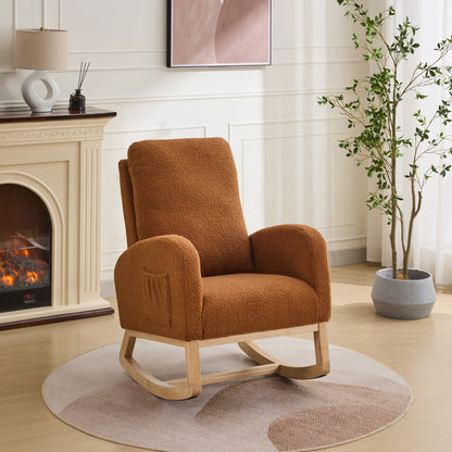 27.2"W Rocking Chair for Nursery, Sherpa Glider Chair with High Back and Side Pocket, Rocking Accent Armchair with Rubber Wood Legs for Living Room/Bedroom.Caramel