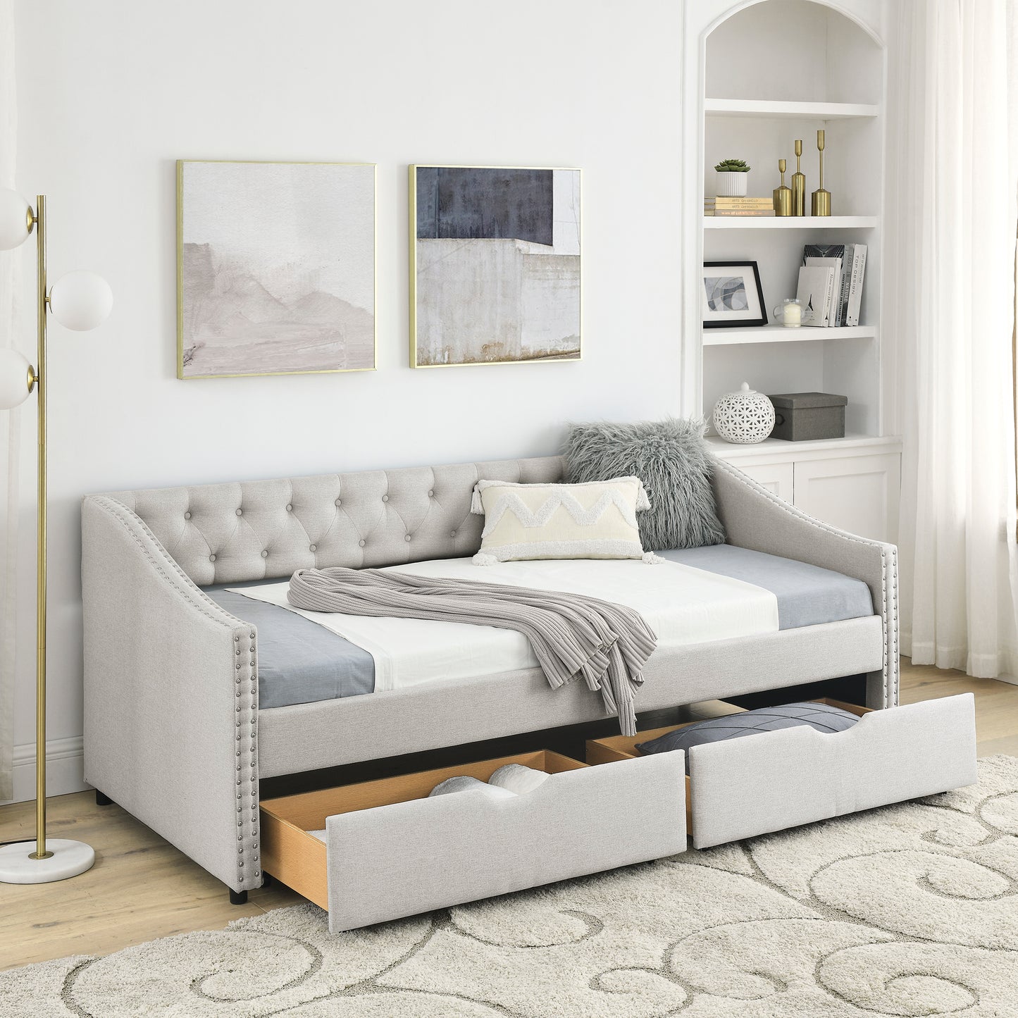 Size Daybed with Drawers Upholstered Tufted Sofa Bed, with Button on Back and Copper Nail on Waved Shape Arms, Beige(81.5''x41''x30.5'')