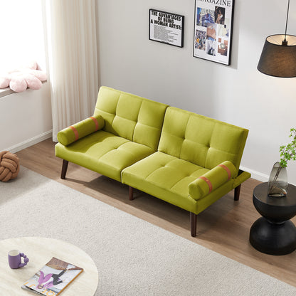 Convertible Sofa Bed Futon with Solid Wood Legs Linen Fabric Musterd Green