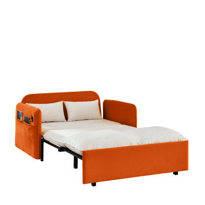 53" Modern Convertible Sofa Bed w/2 Removable Armrests w/USB Power Port, Velvet Recliner Adjustable Sofa w/Head Pull-Out Bed, 2 Pillows, For Living Room Apartment etc., White-Orange