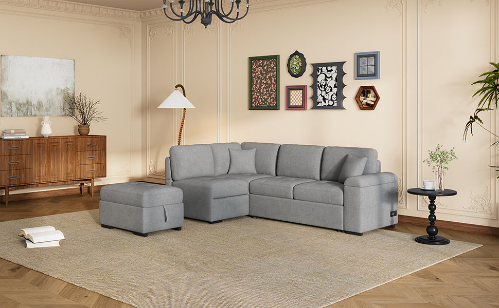 Sleeper Sectional Sofa, L-Shape Corner Couch Sofa-Bed with Storage Ottoman & Hidden Arm Storage & USB Charge for Living Room Apartment, Gray