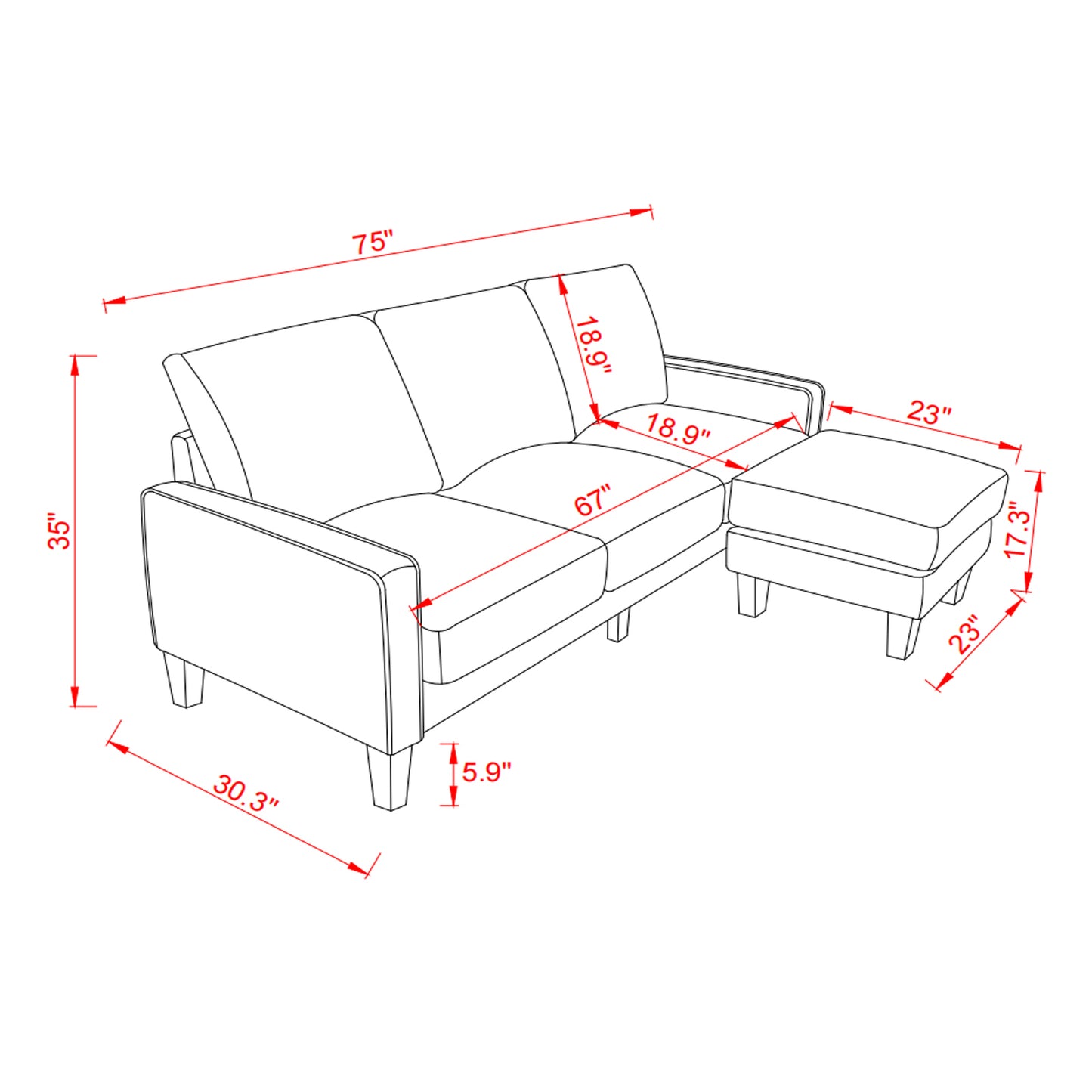 Modern Living Room Furniture L Shape Sofa with Ottoman in Dark Grey Fabric