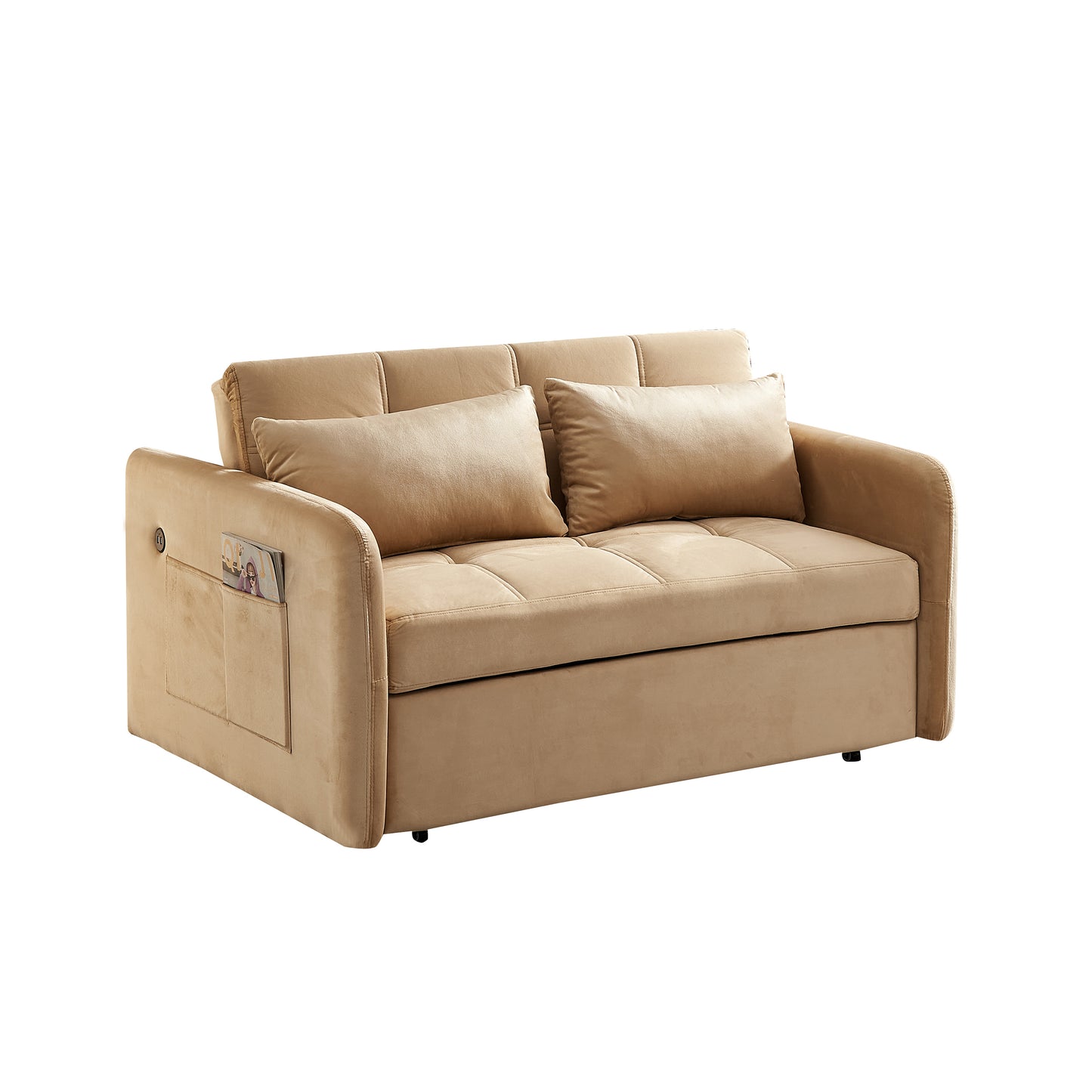 55.5"Twins Pull Out Sofa Bed Khaki Velvet