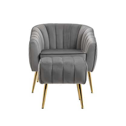 Velvet Accent Chair with Ottoman, Modern Tufted Barrel Chair Ottoman Set for Living Room Bedroom, Golden Finished, Grey