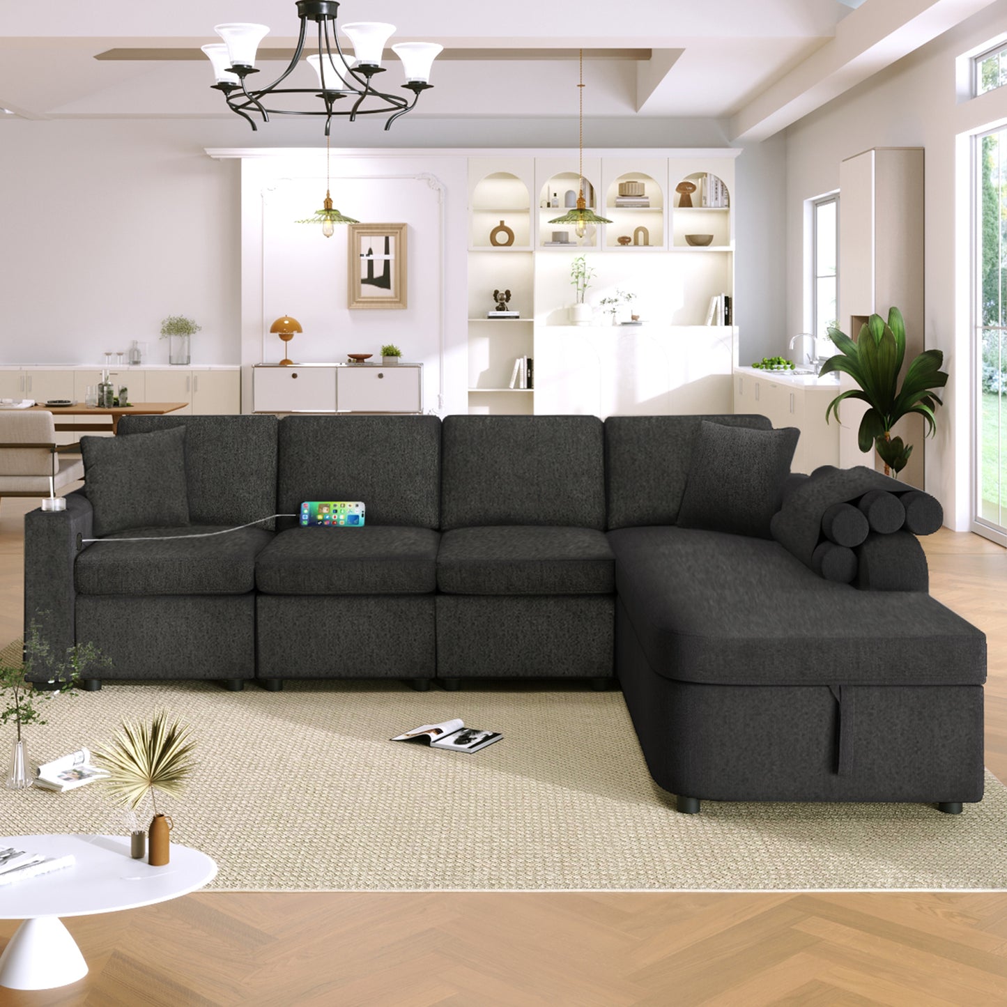 109.8"L-shaped Couch Sectional Sofa with Storage Chaise,Cup Holder and USB Ports for Living Room, Black