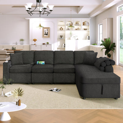 109.8"L-shaped Couch Sectional Sofa with Storage Chaise,Cup Holder and USB Ports for Living Room, Black