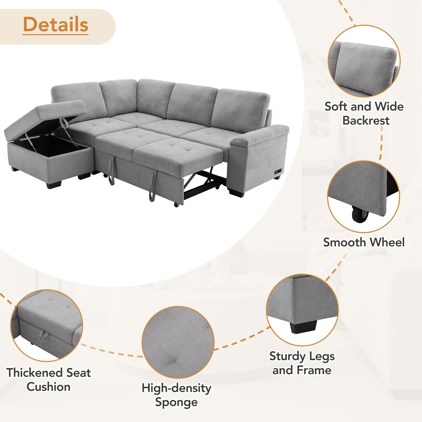 Sleeper Sectional Sofa, L-Shape Corner Couch Sofa-Bed with Storage Ottoman & Hidden Arm Storage & USB Charge for Living Room Apartment, Gray