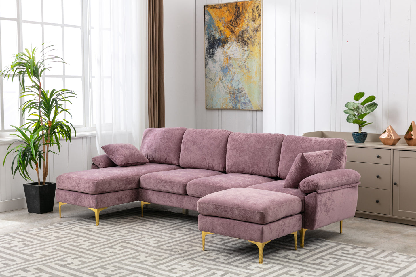 U-shape sectional sofa with Ottoman, Reversible Sofa Couch for Living Room,Spacious Furniture,Durable Couch Removable and machine washable cover (Purple Velvet)