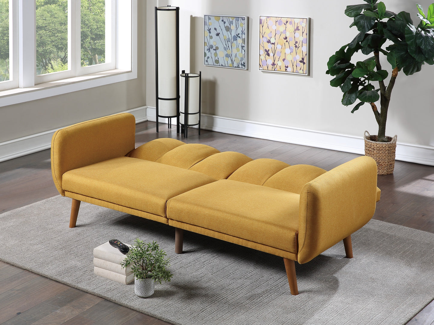 Elegant Modern Sofa Mustard Color Polyfiber 1pc Sofa Convertible Bed Wooden Legs Living Room Lounge Guest Furniture