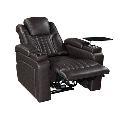 PU Leather Power Recliner Home Theater Recliner with Power Adjustable Headrest, Wireless Charging Device, USB Port, Storage Arms, Cup Holder and Swivel Tray Table for Living Room, Brown