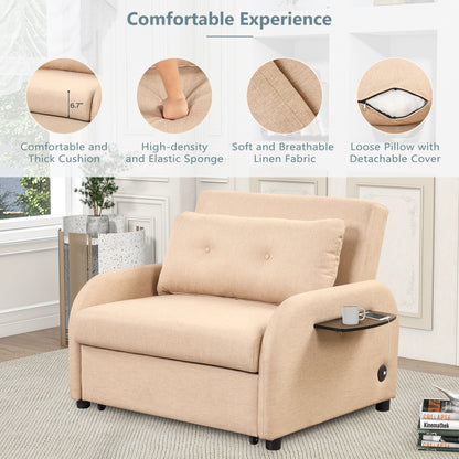 Pull out sofa sleeper 3 in 1 with 2 wing table and usb charge for nap line fabric for living room recreation room Beige