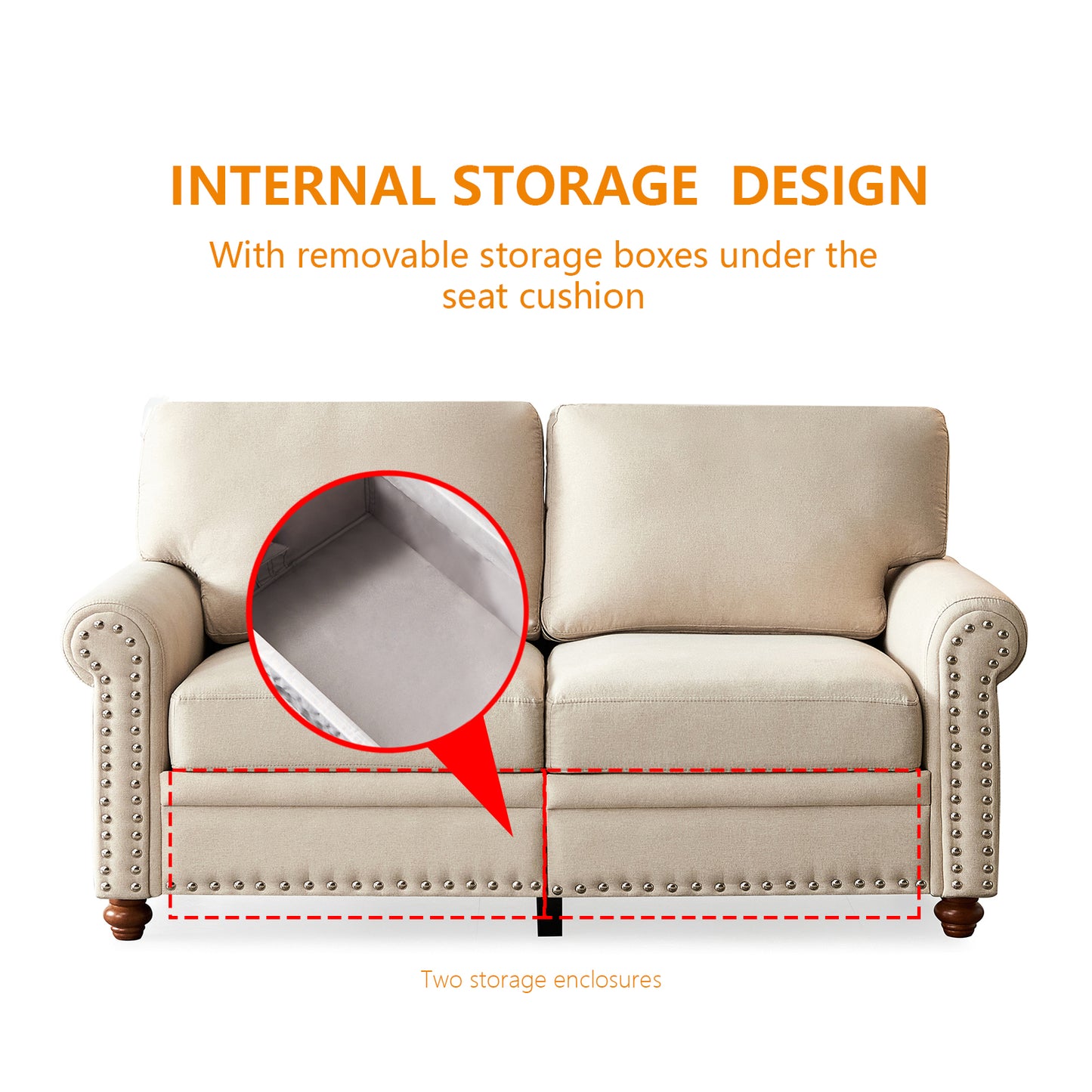 Linen Fabric Upholstery with Storage Loveseat (Beige)