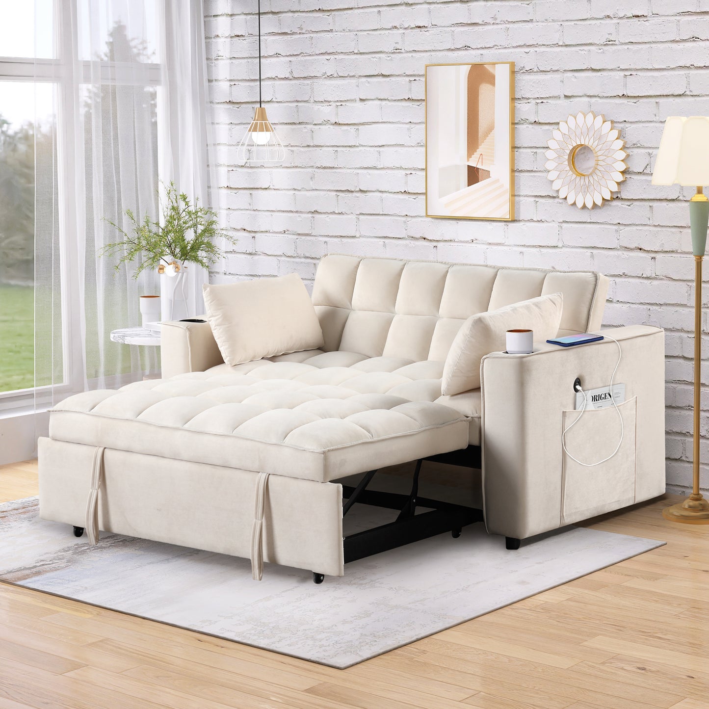 58" 4-1 Multi-functional Sofa Bed with Cup Holder and USB Port for Living Room or Apartments Milky White