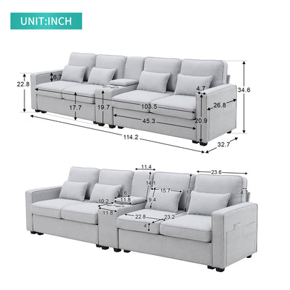 114.2" Upholstered Sofa with Console, 2 Cupholders and 2 USB Ports Wired or Wirelessly Charged, Modern Linen Fabric Couches with 4 Pillows for Living Room, Apartment