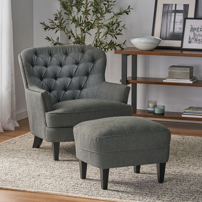 Contemporary Grey Fabric Club Chair and Ottoman Set, Stylish Upholstered Armchair with Matching Ottoman, Ideal for Modern Living Room Comfort and Style