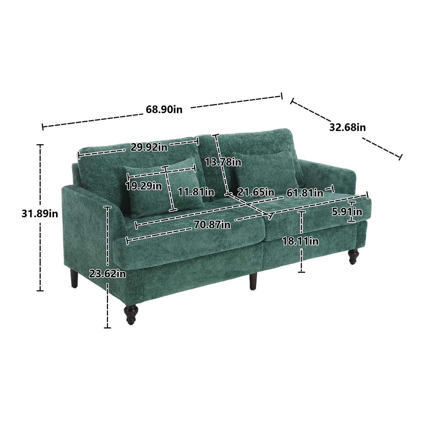 Mid Century Modern chenille Fabric Loveseat sofa, 2-Seat Upholstered Loveseat Sofa Modern Couch for Living Room,Brown wood feet sofa for Bedroom, Reading (Emerald Chenille)