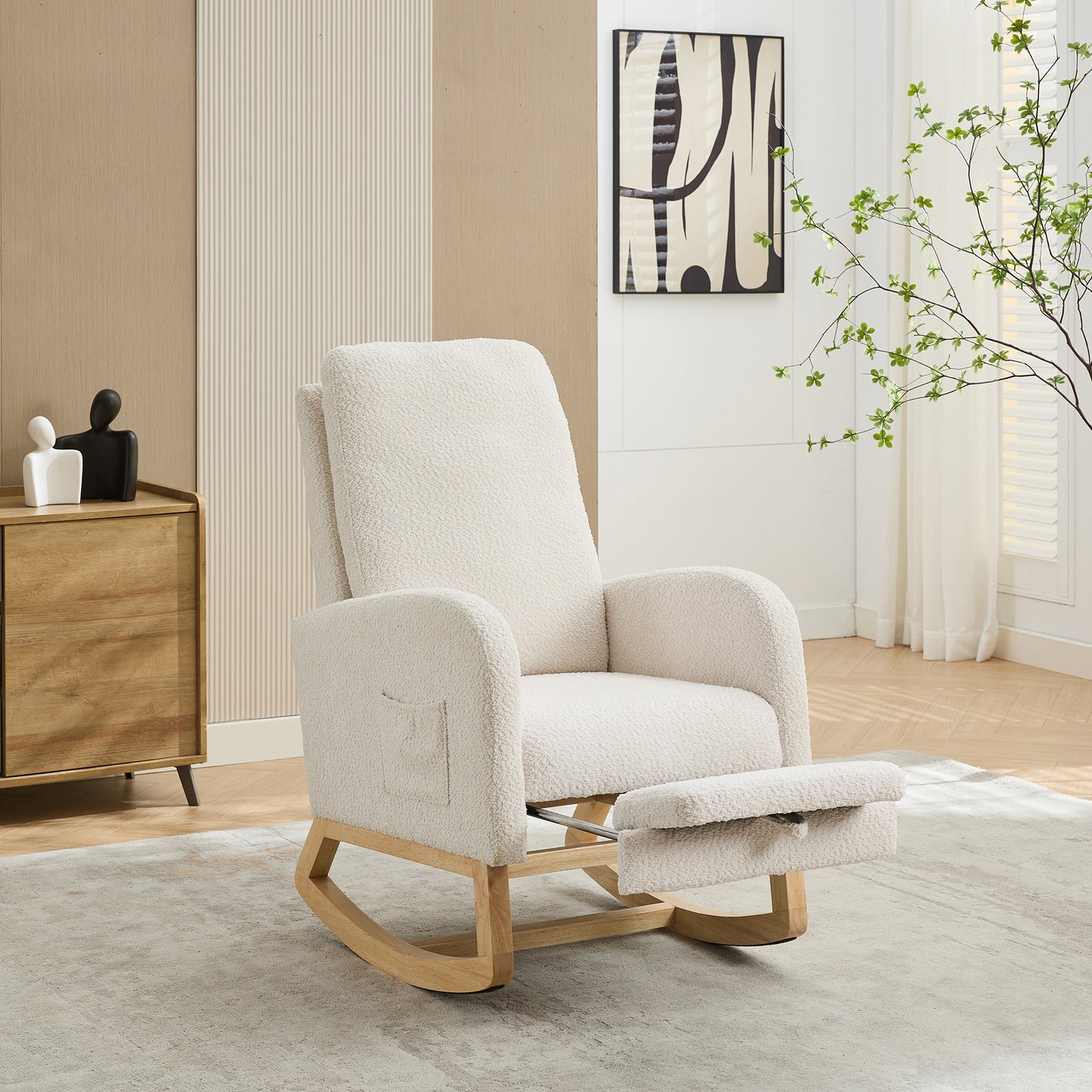 25.4"W Rocking Chair for Nursery, High Back Glider Chair with Retractable Footrest, Side Pocket, Rocking Accent Armchair with Rubber Wood Legs for Living Room/Bedroom.Ivory