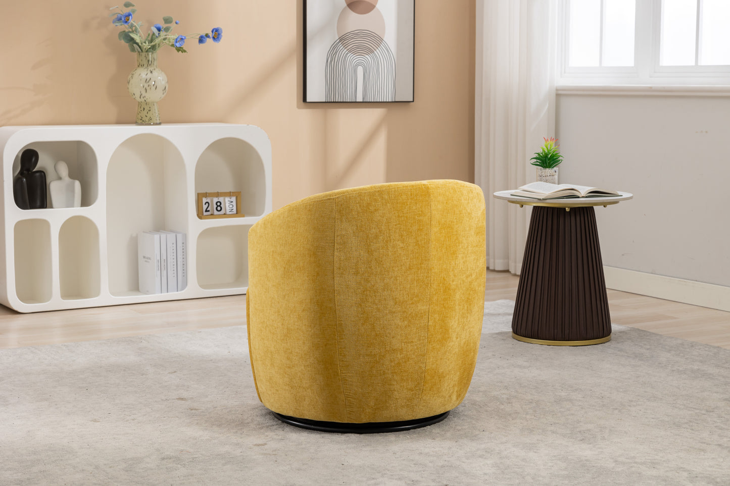 037-Chenille Fabric Swivel Accent Armchair Barrel Chair With Black Powder Coating Metal Ring,Yellow