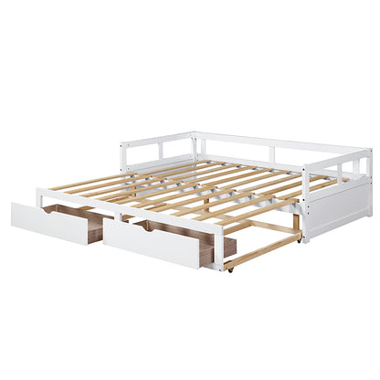 Wooden Daybed with Trundle Bed and Two Storage Drawers, Extendable Bed Daybed,Sofa Bed for Bedroom Living Room,White