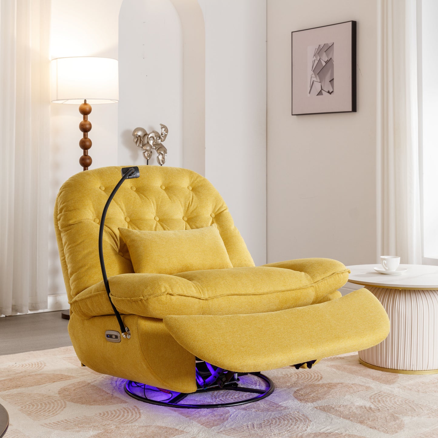 270 Degree Swivel Power Recliner with Voice Control, Bluetooth Music Player,USB Ports, Atmosphere Lamp, Hidden Arm Storage and Mobile Phone Holder for Living Room, Bedroom, Apartment, Yellow