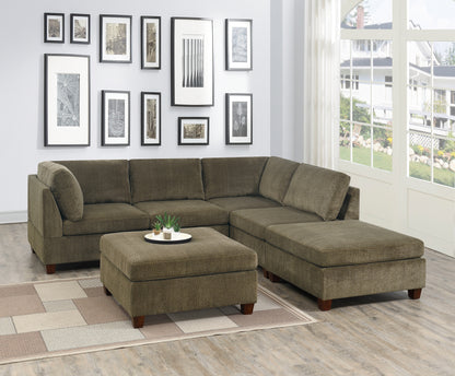 Living Room Furniture Tan Chenille Modular Sectional 6pc Set Corner L-Sectional Modern Couch 2x Corner Wedge 2x Armless Chairs and 2x Ottomans Plywood