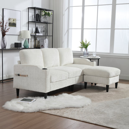 Sofa for three, solid wood frame, Chenille fabric, side pocket, with two cup holders, footstool with storagestorage sofa /Living room sofa cozy sectional sofa