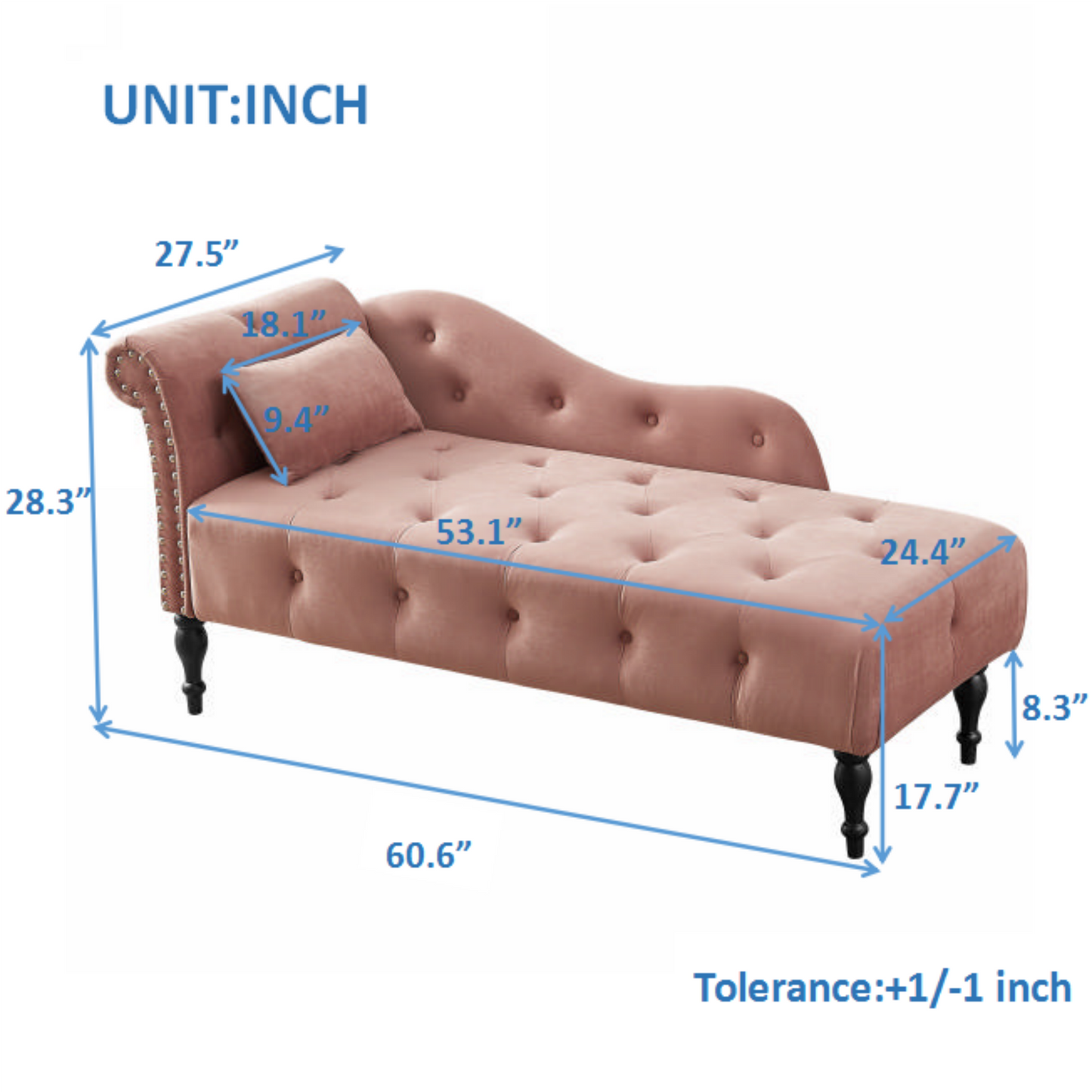 60.6" Velvet Chaise Lounge Buttons Tufted Nailhead Trimmed Solid Wood Legs with 1 Pillow,Rose (Left Arm Design as Shown in the Picture)