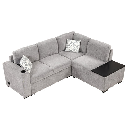 83.8" Sectional Pull-Out Sofa Bed L-Shaped Corner Sofa Couch with Storage Chaise, USB Ports, Power Sockets, Cup Holder for Living Room, Bedroom, Study, Light Gray