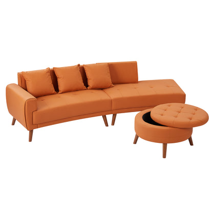 107" Contemporary Sofa Stylish Sofa Couch with a Round Storage Ottoman and Three Removable Pillows for Living Room, Orange