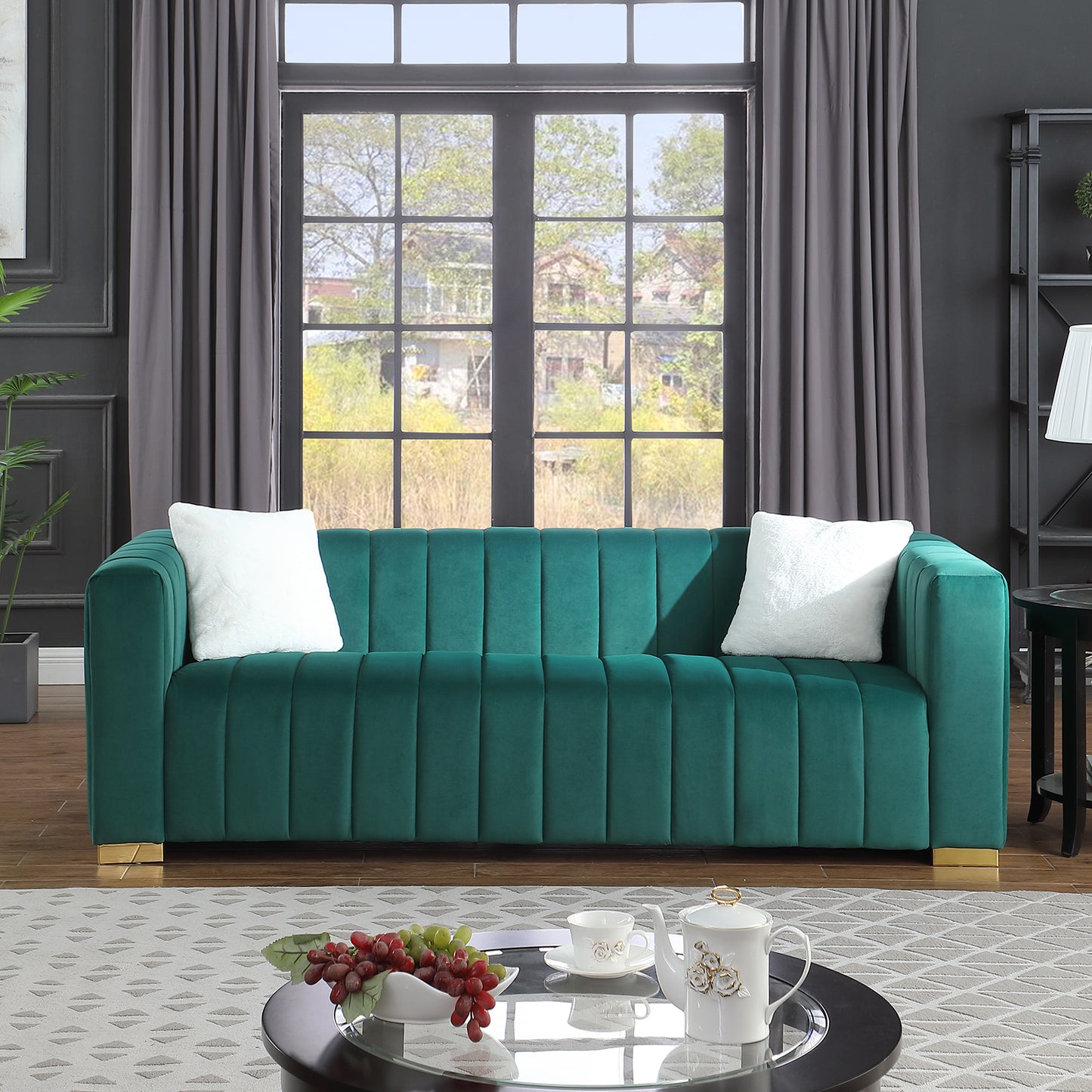 A modern channel sofa take on a traditional Chesterfield,Dark Green color,3 Seater