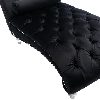 Velvet Chaise Lounge Indoor,Button-Tufted Upholstered Chaise Lounge Chair with Pillow for Bedroom Living Room Office (Black Velvet)