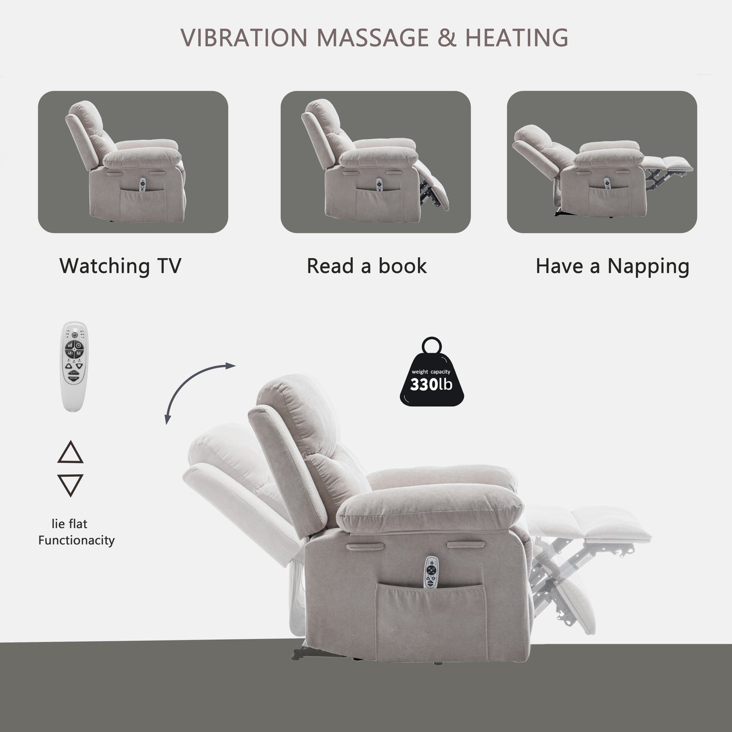 Power Recliner Chair with Adjustable Massage Function, Velvet Electric Power Chair for Elderly with One Side Pockets, Recliner Chair with Heating System for Living Room,Beige