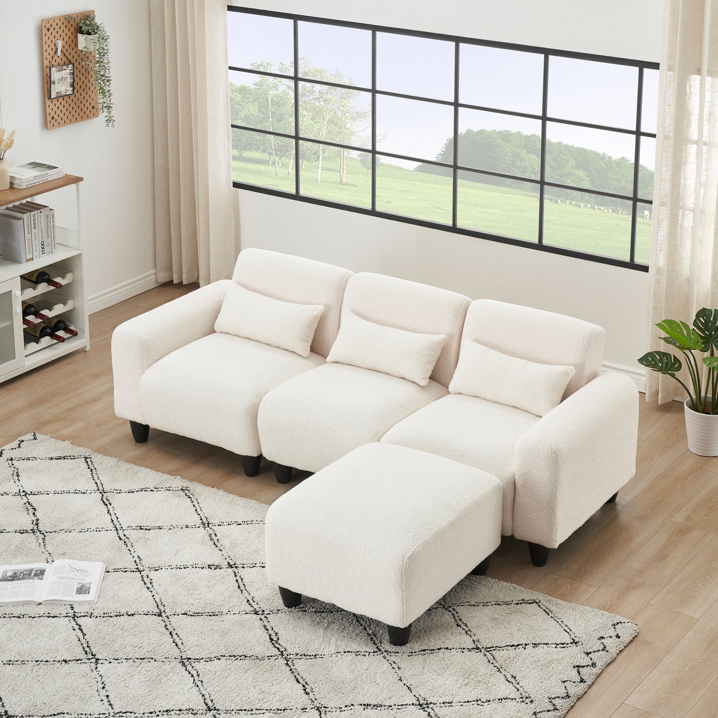 The 84.6-inch beige teddy fleece creative sofa can be assembled into a two-seater sofa plus a single couch with three waist pillows to perfectly stretch your waist for small apartment bedroom Spaces