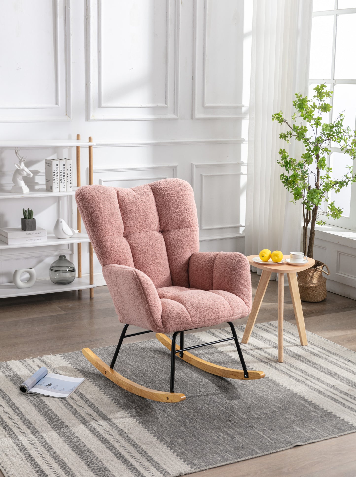 Mid Century Modern Teddy fabric Tufted Upholstered Rocking Chair Padded Seat for Living Room Bedroom,Pink