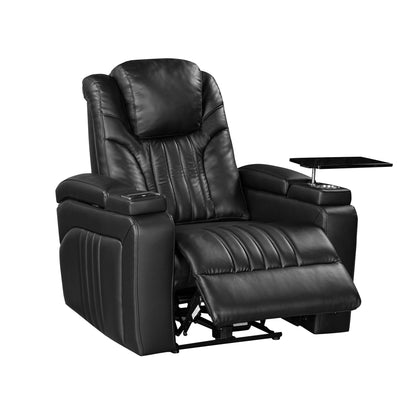 PU Leather Power Recliner Home Theater Recliner with Power Adjustable Headrest, Wireless Charging Device, USB Port, Storage Arms, Cup Holder and Swivel Tray Table for Living Room, Black