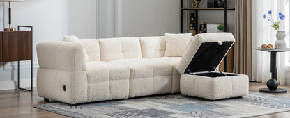 87.7" Sectional Sofa Cozy Teddy Fleece Fabric Sectional Sofa Couch with Two USB Ports a Movable Storage Ottoman and Two Lumbar Pillows for Living Room, Creamy White