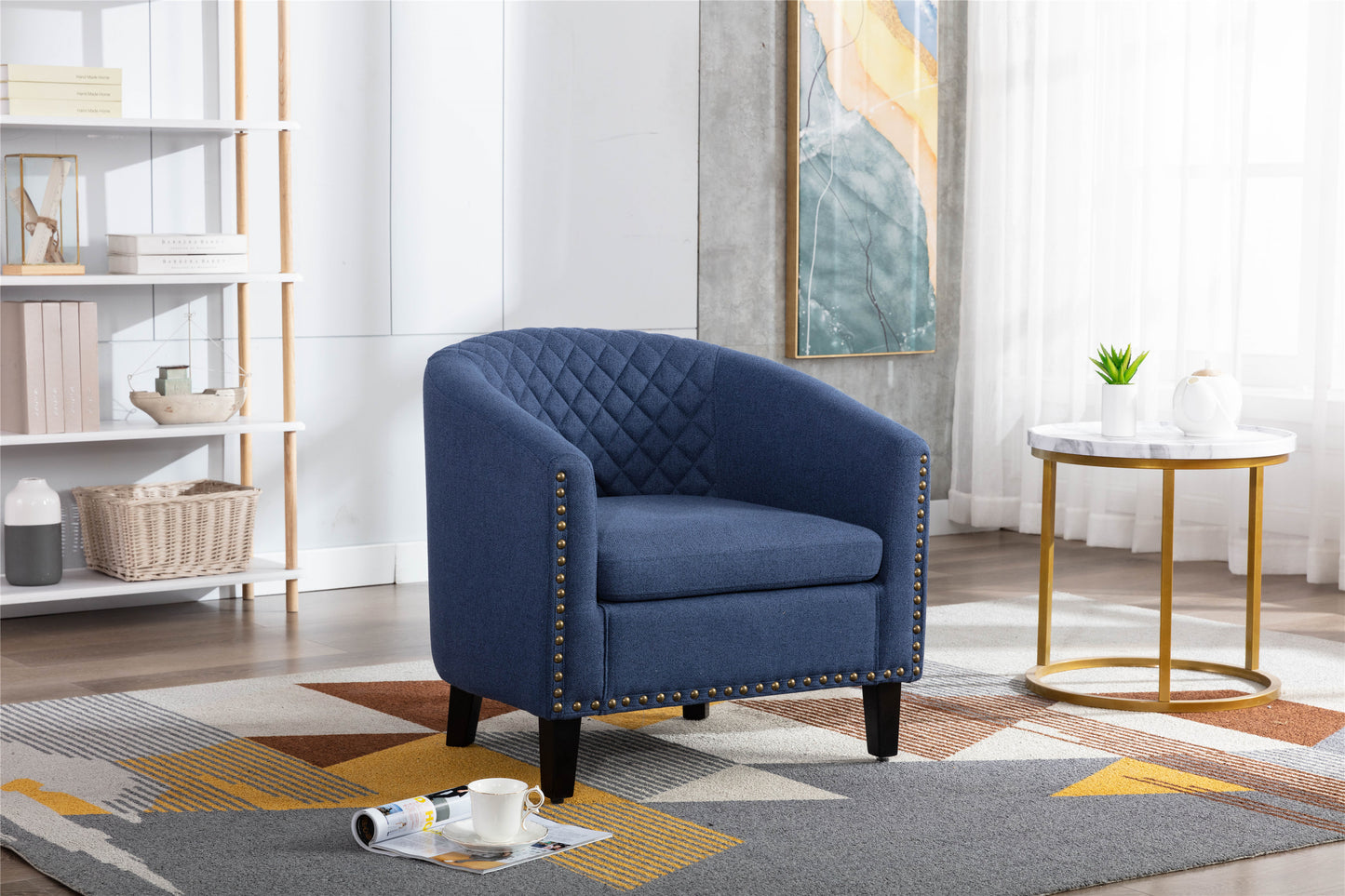 Barrel Chairs with Soft Padded Armrest, Club Chairs with nailheads and solid wood legs for Living Room Bedroom Waiting Room (Navy linen)