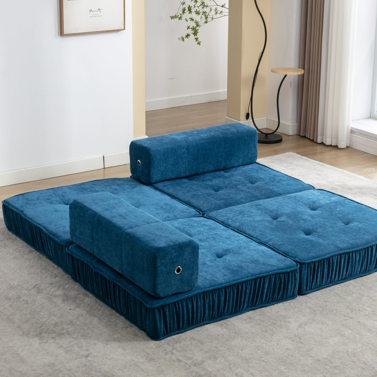 Folding Sofa Bed, Futon Sleeper Chair, Convertible Chair Floor Couch & Sleeping Mattress for Living Room, Guest Room, Home Office, Apartment, Small space, Bed, Removable Back Cushion, Blue, 1 Seat