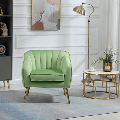 Velvet Accent Chair with Ottoman, Modern Tufted Barrel Chair Ottoman Set for Living Room Bedroom, Golden Finished, Grass Green