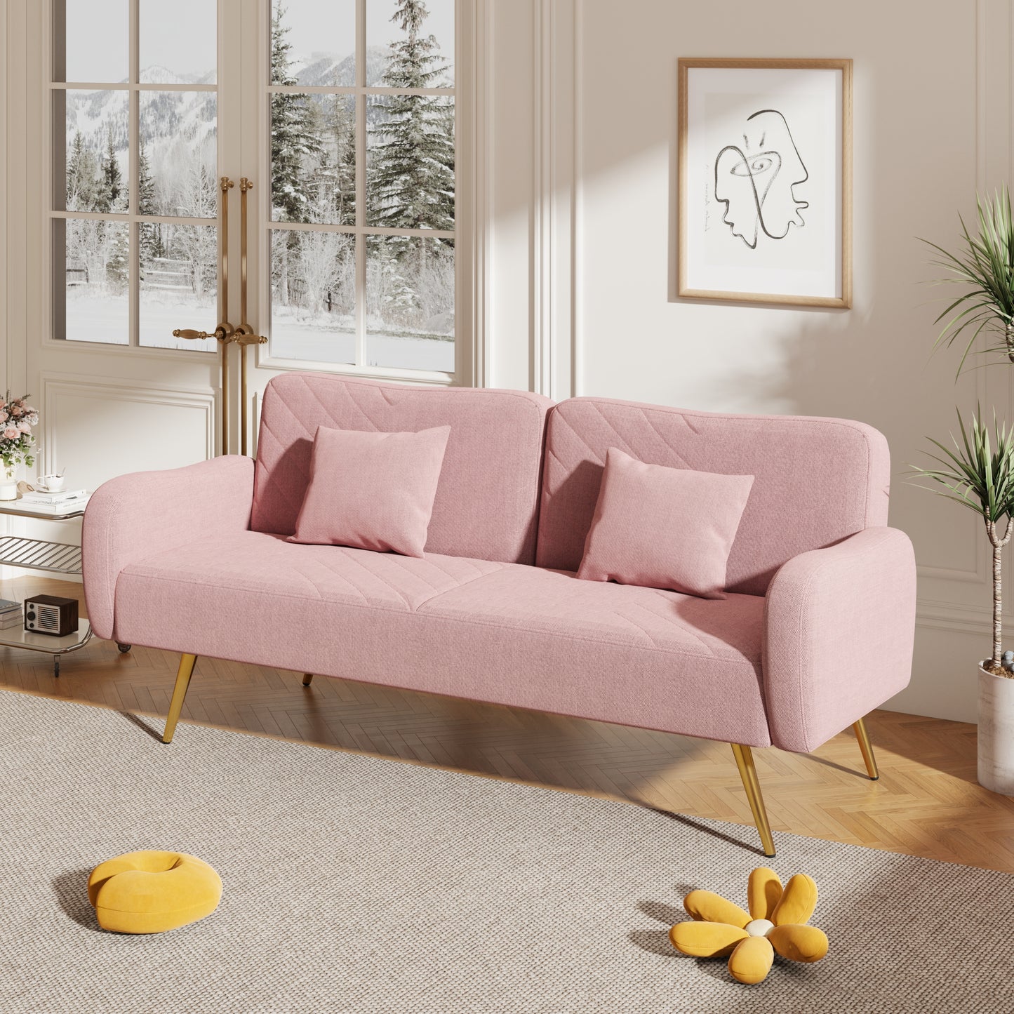 70.47" Pink Fabric Double Sofa with Split Backrest and Two Throw Pillows,Suitable for living room, apartment, home office