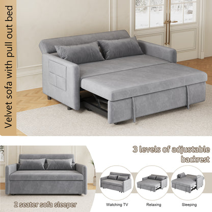 Sofa Pull Out Bed Included Two Pillows 54" Grey Velvet Sofa for Small Spaces