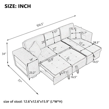 104.5" Pull Out Sleeper Sofa Reversible L-Shape 3 Seat Sectional Couch with Storage Chaise and 2 Stools for Living Room Furniture Set,Gray