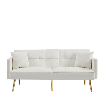 Cream White Velvet Futon Sofa Bed with Gold Metal Legs