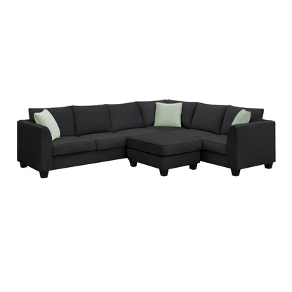 112*87" Sectional Sofa Couches Living Room Sets, 7 Seats Modular Sectional Sofa with Ottoman, L Shape Fabric Sofa Corner Couch Set with 3 Pillows, Black