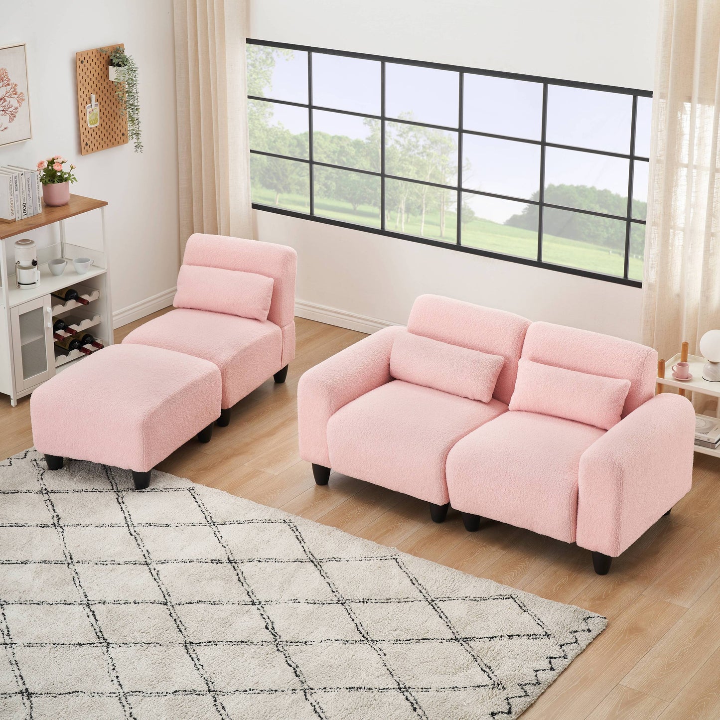 The 84.6-inch pink teddy fleece creative sofa can be assembled into a two-seater sofa plus a single couch with three waist pillows to perfectly stretch your waist for small apartment bedroom Spaces