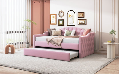 Size Tufted Upholstered Daybed with Trundle,Velvet Sofabed with USB&Type-C Charging Ports,No Box-spring Needed, Pink