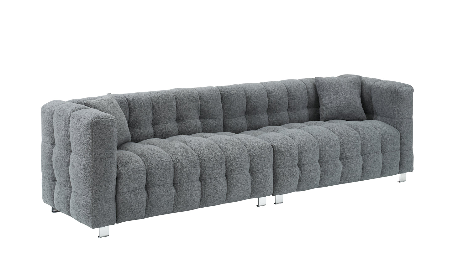 102-inch gray teddy velvet sofa with two throw pillows in living room Bedroom apartment sofa supported by hardware feet