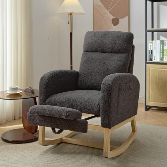 Modern Accent Rocking Chair Rocking Chair with Solid Wood Legs, Upholstered Nursery Glider Rocker, Comfy Armchair with Side Pocket, Living Room Lounge Arm Chair with High Backrest Teddy